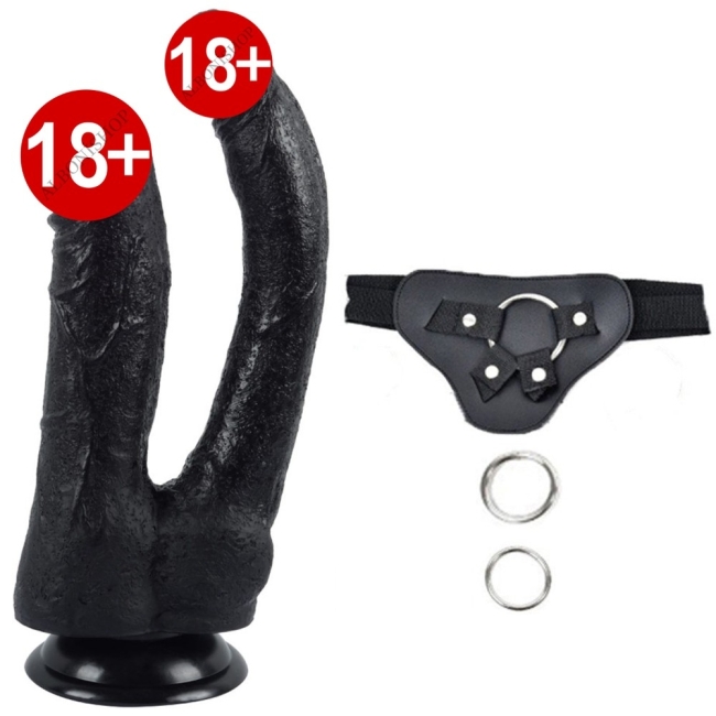 Damarlı 23 Cm Yumuşak Dokulu Siyah Realistik Kemerli Double Dildo