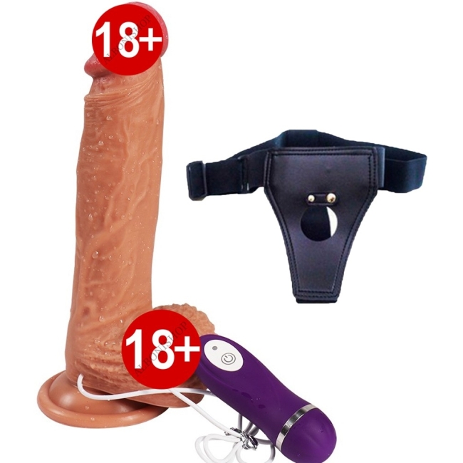 Ultra Gerçekçi 21 cm 10 Modlu Titreşimli Belden Bağlamalı Realistik Penis