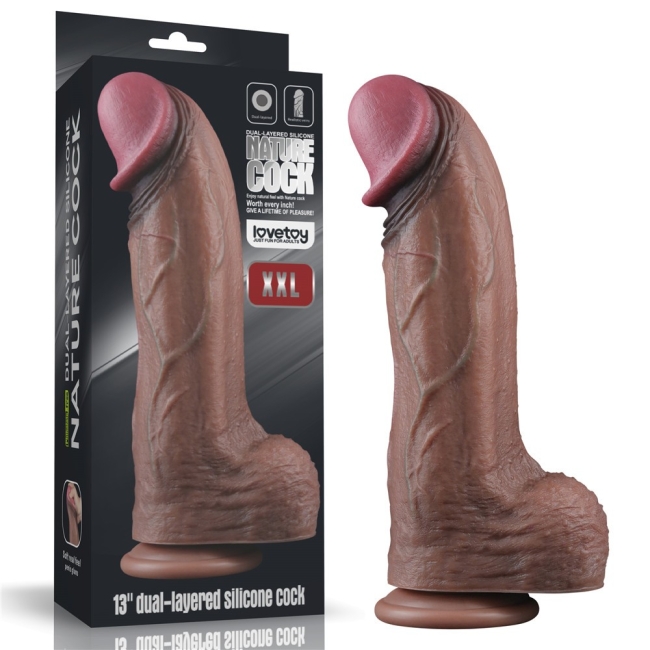 Dual Layer Platinyum Silikon 33 Cm XXL Ultra Gerçekci Kalın Realistik Kemerli Penis