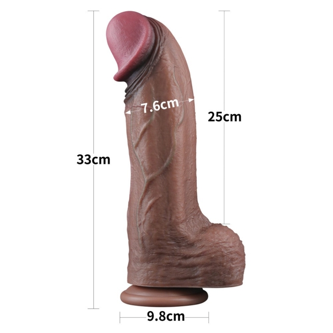 Dual Layer Platinyum Silikon 33 Cm XXL Ultra Gerçekci Kalın Realistik Kemerli Penis