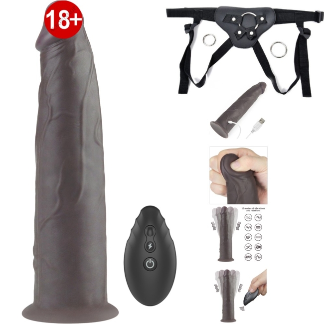 Dual Layer Platinyum Siyah 23 Cm Silikon Kumandalı Şarjlı Dönebilen Titreşimli Kemerli Penis