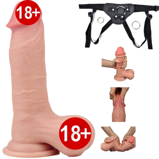 Sliding Hareketli Dış Yüzey Özel 20 Cm Bütün Testisli Ultra Gerçekci Kemerli Penis