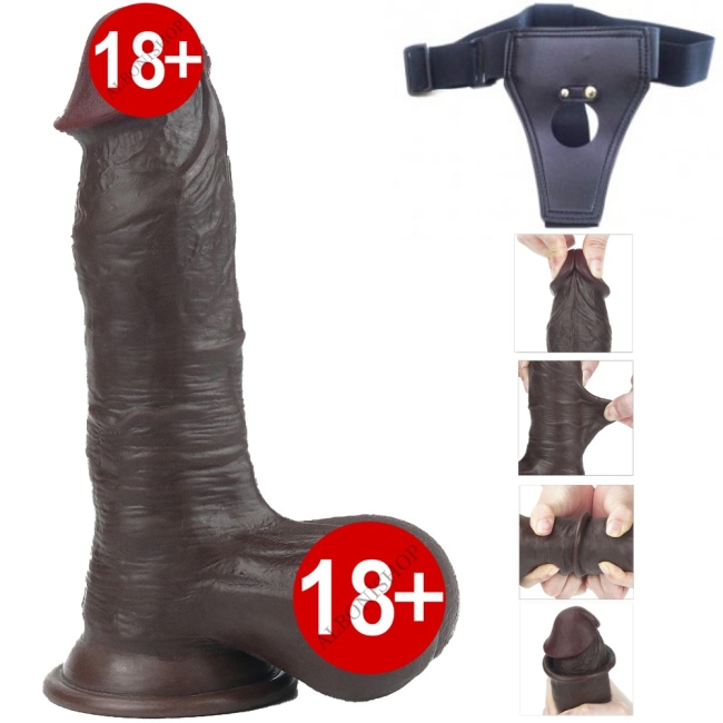 Sliding Hareketli Dış Yüzey Özel 20 Cm Bütün Testisli Ultra Gerçekci Kemerli Penis