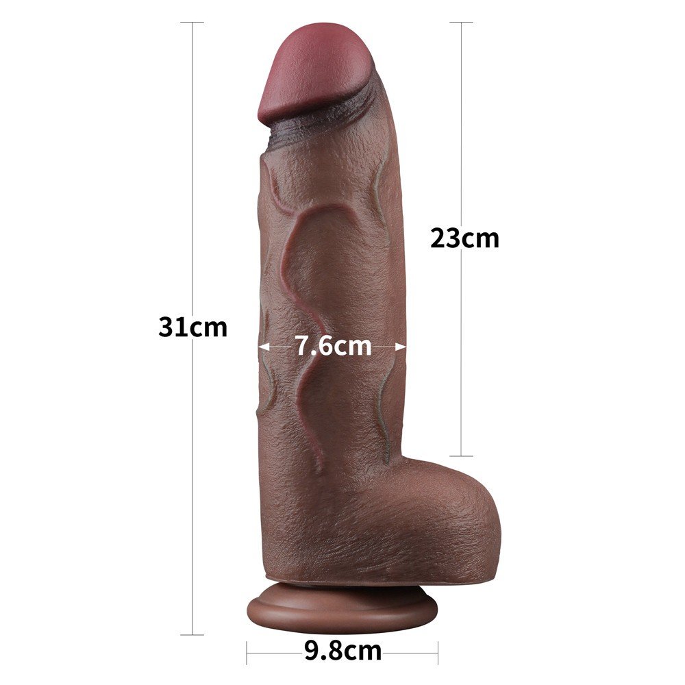 Dual Layer Platinyum Silikon 30 Cm XXL Ultra Gerçekci Kalın Realistik Kemerli Penis